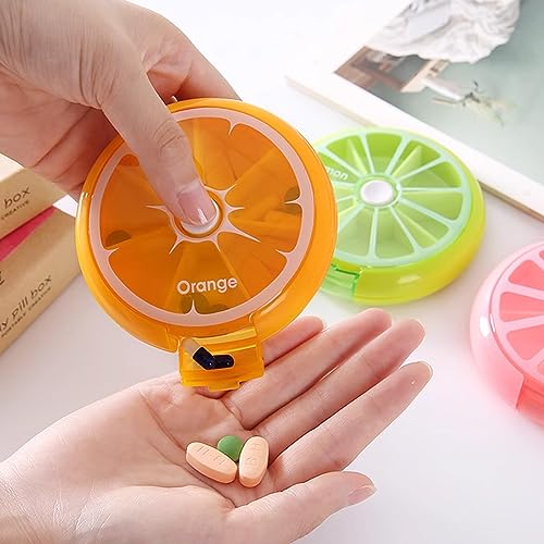MOVKZACV Set van 3 pillendoosjes, ronde 7-dagen pillendoosjes, kleine pillendoosjes, weekpillendoosjes met 7 vakken, draagbare dispenser voor thuis en onderweg (groen + oranje + roze) - Afbeelding 6