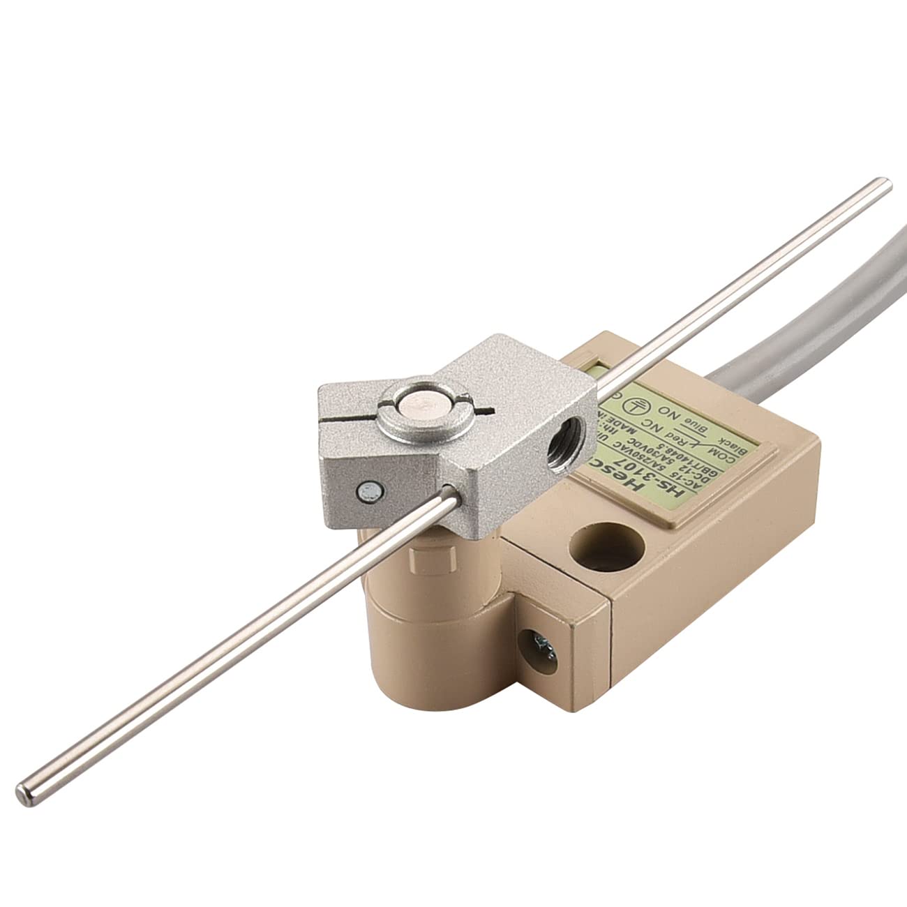 Heschen Interruptor de límite compacto precableado, HS-3107, palanca de varilla ajustable, 1NO 1NC, SPDT, tipo momentáneo, AC250V 5A, IP67 impermeable