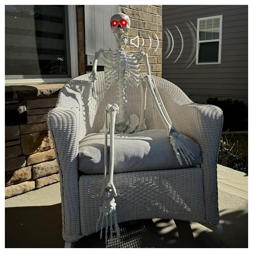 Halloween Skeleton Decorations - 5.5FT Life Size Skeleton Decoration Realistic Pose-n-stay Human Skeleton with LED Glowing Eyes - Motion Sensor Hanging Props Creepy Sound for Halloween Decorations