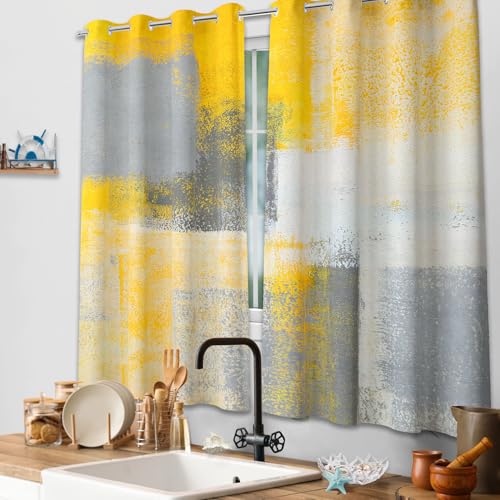 Image of Yellow Window Curtain Yellow Grey Abstract Thermal Insulating Drapes Rust Art Treatment Drapes Modern Curtains for Living Room Bedroom Hotel, 26 inch x 36 inch, 2 Panels