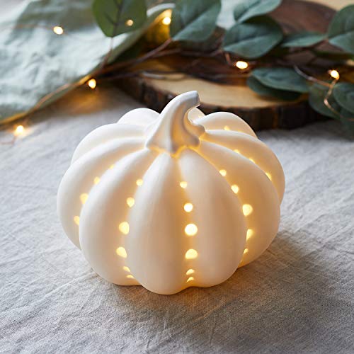 Lights4fun Zucca Decorativa di Halloween in Ceramica Bianca...