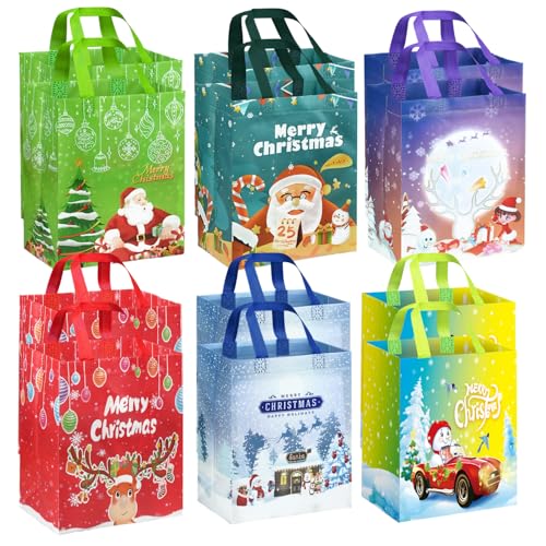 DECHISY 12 Pack Small Christmas Bags Non-Woven Reusable Christmas Bags Xmas Tote Bag for Presents Shopping Party (27×20×10cm)
