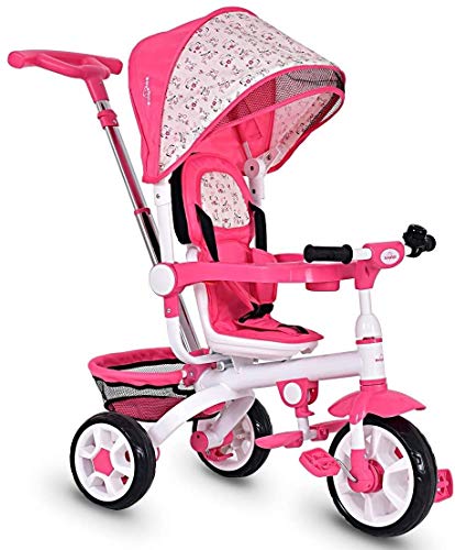 GLACER Kids Tricycle Stroller, 4 in 1 Baby Tricycle Learning Bike with Push Handle, Canopy, Safety Seat, Storage Basket, Foot Pedals, Toddler Tricycle Steer Stroller for Boys and Girls (Pink)