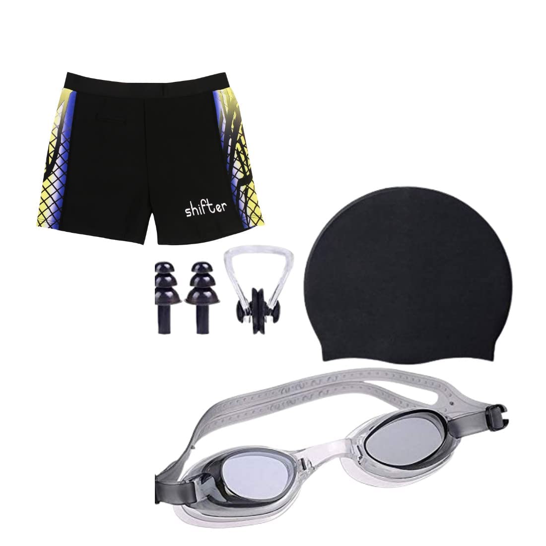 Swimming Costume for Men Shorts Trunks Combo KIT with Swimming Cap Goggles EARPLUGS and Nose Men Swimwear for Boys [26-32inch] Black-image-39