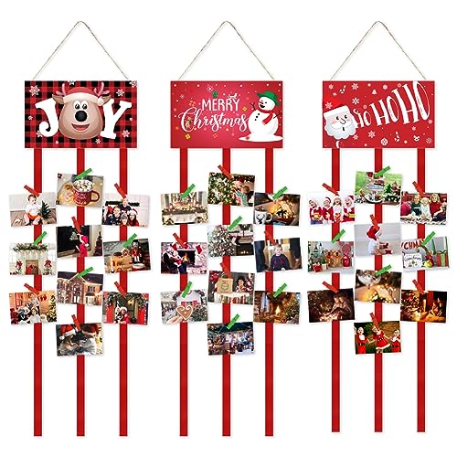 Bchinb Christmas Card Holder Merry Christmas Wall Hanging Picture Holders with 60 Snowflake Wooden Photo Clips Picture Holder for Wall Xmas Greeting Card Display for Christmas Home Party Wall Decor