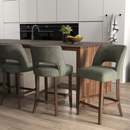 Image of VKNOW Bar Stools Set of 6, 26 inch Upholstered Counter Height Bar Stools, Modern Counter Stools with Wood Legs for Kitchen Island Dining Room Bar, Green