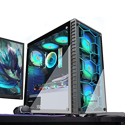 MUSETEX 6pcs ARGB Fans Pre-Installed, USB 3.0 Tempered Glass ATX Mid-Tower Chassis Gaming PC Case Cable Management/Airflow Gaming Style ATX/Micro ATX/ITX Computer Case 2021 Released (Black,G05N6)