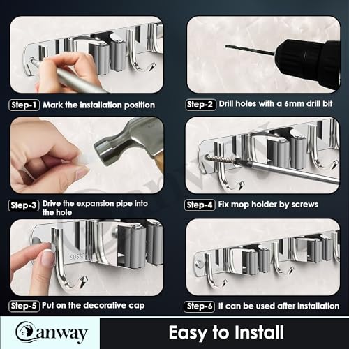 Image of CANWAY 2 Pieces Stainless Steel 2 Racks with 3 Hook Heavy Duty Wall Mounted Broom and Mop Stick Holder, Hanging Tools for Home Kitchen Garden Laundry Garage