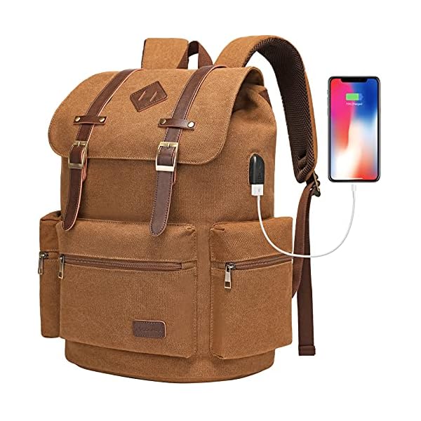 Modoker-Mens-Canvas-Vintage-Backpack-for-MenWomen-Travel-Laptop-Backpack-Fits-17156-Inch-Computer-Tablet-Large-Bookbag-Rucksack-Backpack-with-USB-Charging-Port-Brown Modoker Mens Canvas Vintage Backpack for Men,Women, Travel Laptop Backpack Fits 17/15.6 Inch Computer & Tablet, Large Bookbag Rucksack Backpack with USB Charging Port, Brown