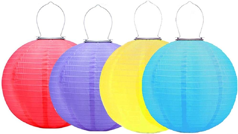 Solar Powered 12 Inch LED Chinese Lanterns Nylon Waterproof Hanging Japanese Lantern Lights for Festival, Parties, Wedding Decoration (4 Color Set, 12 Inch)