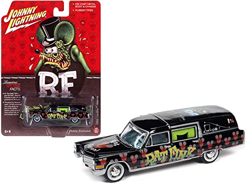 StarSun Depot 1966 Cadillac Hearse Rat Fink Black with Graphics 1/64 Diecast Model Car by Johnny Lightning