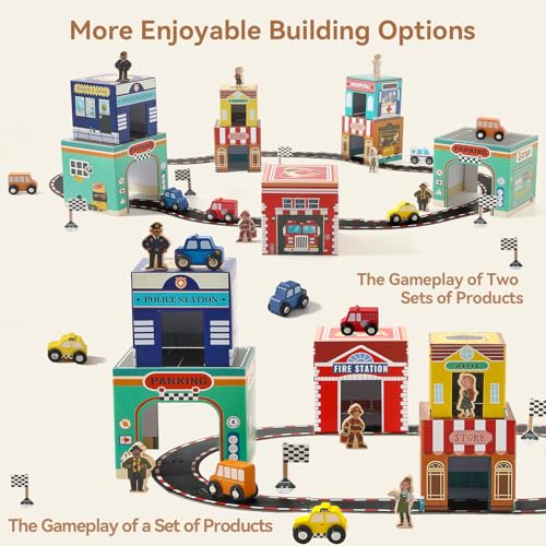 Image of 3-in-1 Sorting and Stacking Toys for Toddlers | Wooden Community Helpers, Nesting Boxes & Vehicle Track | Montessori Preschool Learning Toys Gift for 2 3 4 Year Old Boys Girls