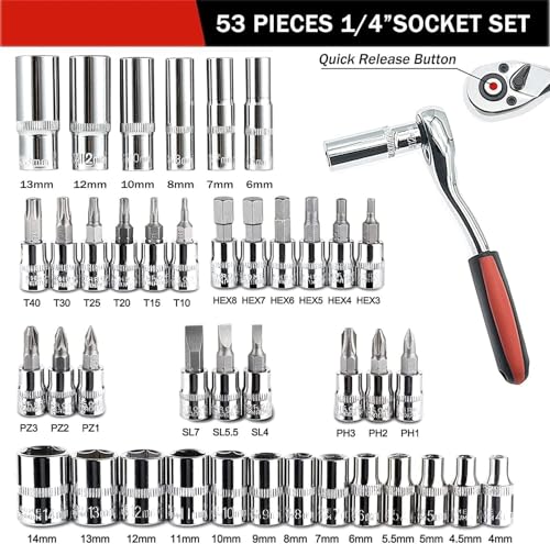 Image of KBZONE Socket Wrench Set, 53PCS 1 /4 Inch Ratcheting Wrench Set And Extension Bar Gimbal Slide Bar Extension Sockets, Set For Automotive Repair And Home Use (Black)