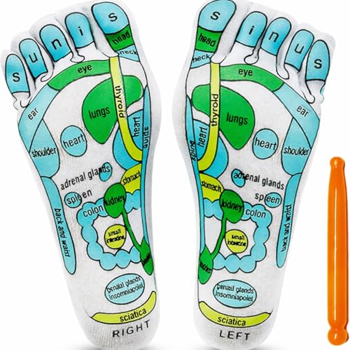 Image of UCRAVO Reflexology Socks with Foot Massage Stick Acupressure Foot Chart Therapy Socks for Relief, Support, Heel Pain Treatment, Arch Support,Circulation Boost,Stress Relief,Home Spa Foot Massager Kit