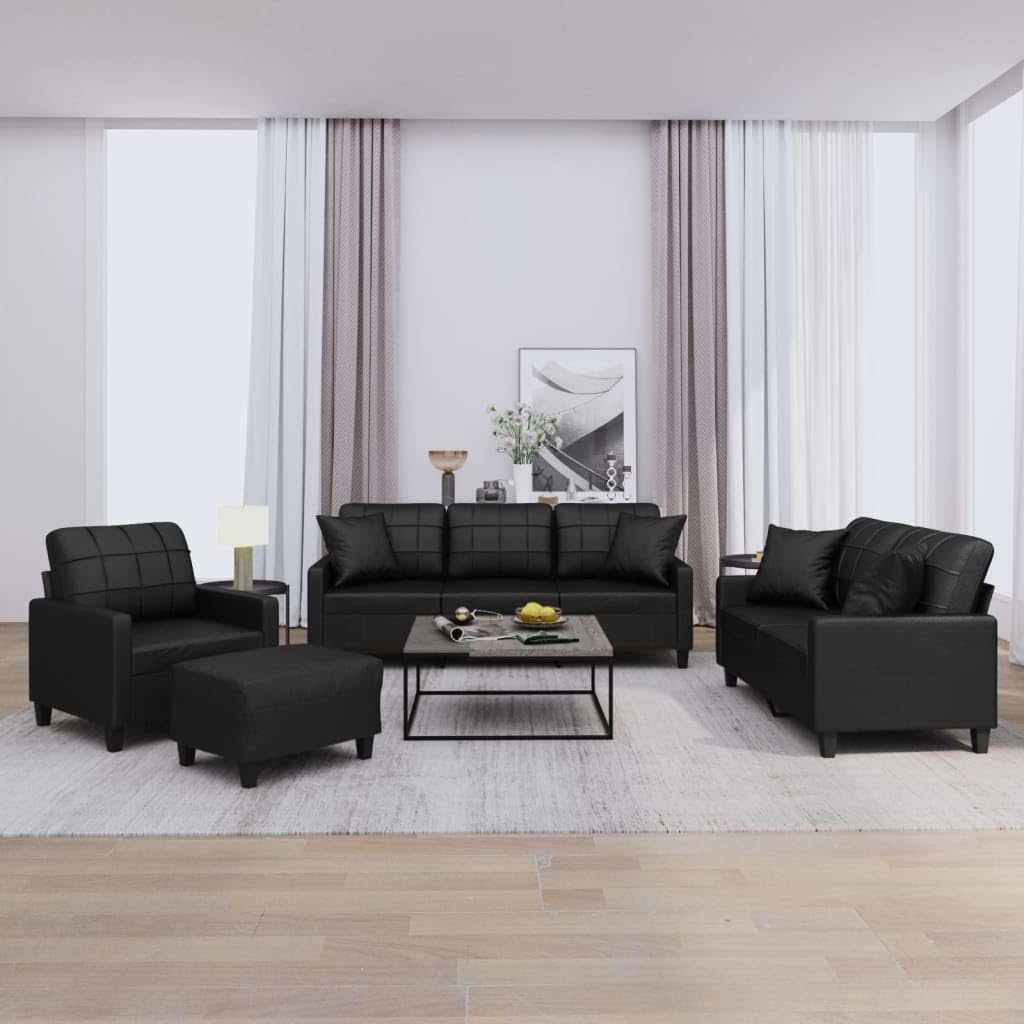 Sofa Set 3 2 1 Wohnzimmer Sofagarnitur 3-2-1Couchgarnitur WohnzimmerSofa Kunstleder-Schwarz-Mit Polstern & Fußhocker