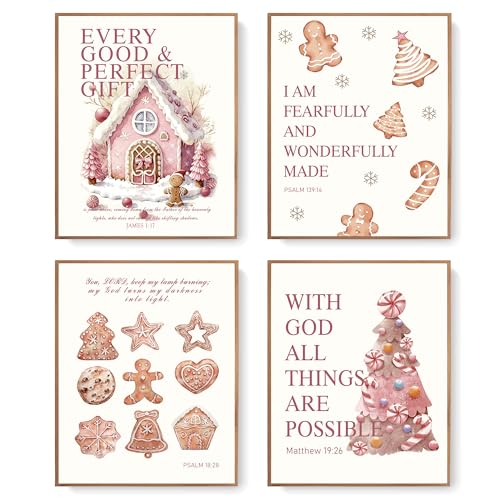 Image of LARTSFRO Coquette Pink Christmas Gingerbread House Gifts Wall Art Decor Posters, Cute Christmas Gingerbread Man Christian Room Bathroom Bedroom Dorm Wall Art Decor Aesthetic for College Teen Girls Gifts, Inspirational Bible Verses Gingerbread Wall Decor, 10x8 Inch Set of 4 Pcs Christmas Pictures (UNFRAMED)