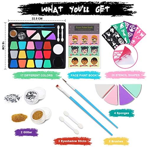 lenbest Face Paint Kit for Kids - 17 Colours Face Painting Set Professional Palette Washable - Hexagonal Silver Glitter for Halloween Christmas Party Carnival Makeup Face Paint Kit for Kids