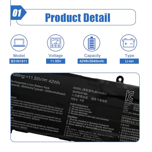 Image of 42Wh B31N1911 Battery Replacement for ASUS VivoBook Flip 14 TM420IA M413 M413DA TM420IA F413 K413 X413 Series Laptop C31N1911 0B200-03580000 0B200-03750000 B0B200-03580300 11.55V 3640mAh