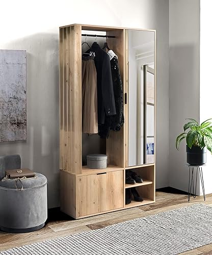 MILO - Flurgarderobe Schmal I Flur Möbel 100cm Breit I Flurgarderoben mit Spiegel I Garderobenpaneel I Wandgarderobe mit Ablage und Schuhschrank I Garderobenschrank Flur I Artisan Eiche