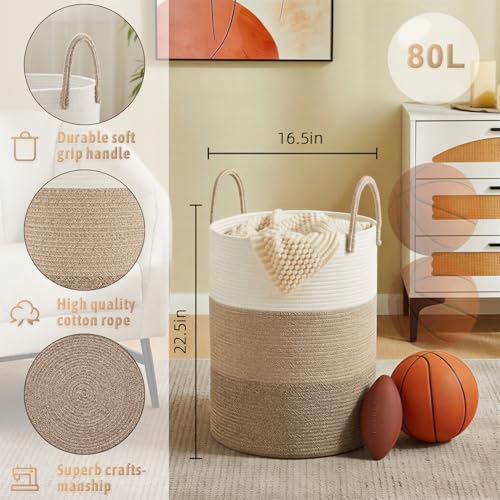 Image of Artfeel Laundry Basket,Woven Cotton Rope Laundry Hamper,80L for Decorative Storage of Dirty Clothes,Toys and Blankets in Bathroom,Bedroom and Living Room