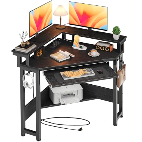 Rolanstar Corner Desk,44.5' W x 34.5' H Small Computer Desk with Power Outlets, Gaming Desk with LED Lights, Triangle Corner Table with Keyboard Tray & Monitor Stand for Small Space, Black