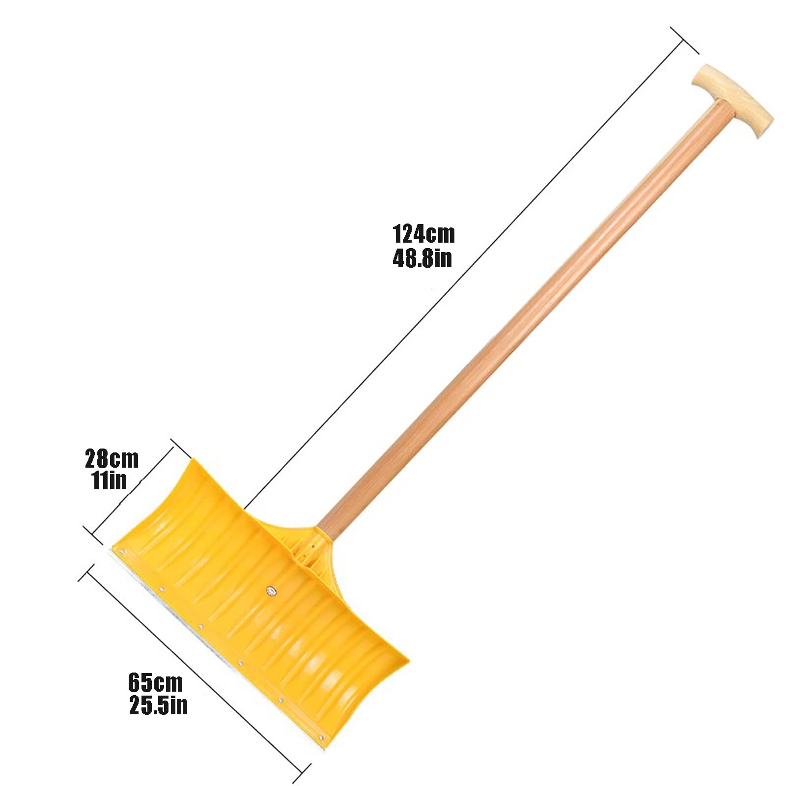Pala/empujador de Nieve de plástico Engrosado, Pala de Nieve Fuerte, con Mango de Madera de extensión, Adecuado para pasarelas, aceras, escaleras, terrazas, Patios (Color: Amarillo