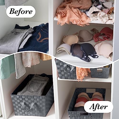 Image of Simplify Small Shelf Woven Strap Tote | Decorative Storage Basket | Built in Handles | Organization | Closet | Bedroom | Bathroom | Nursery | Accessories | Toys | Gifts | 4 Pack | Grey