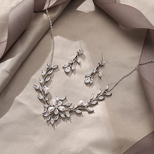 Image of EVER FAITH Wedding Cubic Zirconia Jewelry Set for Women, Marquise White Simulated Pearl Floral Vine Bridal Prom Necklace Earrings for Bride