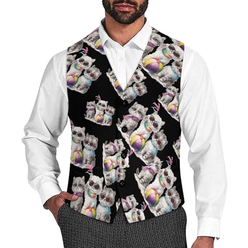 Cute Cat Men's Suit Vest Waistcoat Vests Formal Dress with 2 Pockets for Business Casual Tuxedo