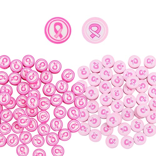 100 Pieces Breast Cancer Awareness Themed Beads Charms Pink Ribbon Polymer Clay Handmade Beads Soft Spacer Beads for DIY Necklace Earring Bracelet Jewelry and Hair Clip Making Supplies for Women