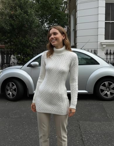 Image of v28 Women's Cotton Turtle Cowl Neck Aran Fishermen Fair Isle Cable Knit Sweater