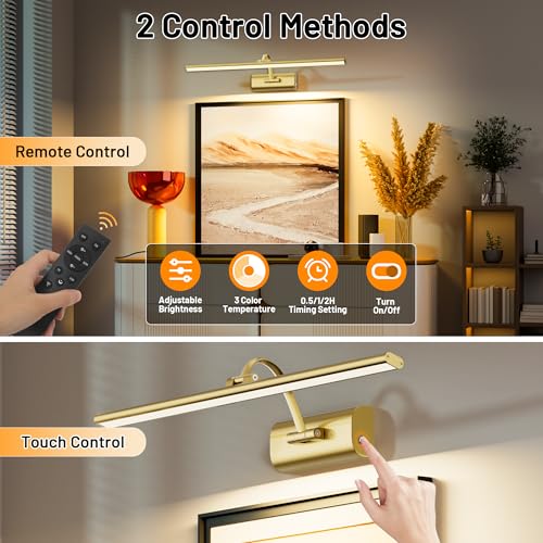 Image of AIFEI Wireless Picture Lights for Wall Battery Operated, 8000mAh Long-Last Lights for Pictures on Wall, Remote & Touch, 3 Color Dimmable No Wiring Needed Art Light for Paintings Poster, 23.6 inch Brass