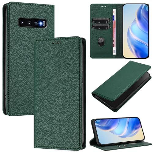 DENDICO Handyhülle für Samsung Galaxy S10 Hülle PU Leder Klapphülle mit RFID-Blockierung Stoßfeste Magnetische Schutzhülle für Samsung S10 DunkelGrün