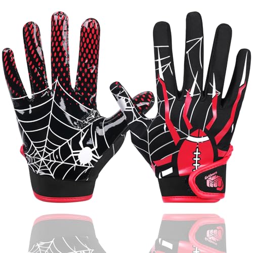 Gritborn Youth Football Gloves Kids Sticky Football Receiver Gloves for Boys Girls,Red Spider XS/S
