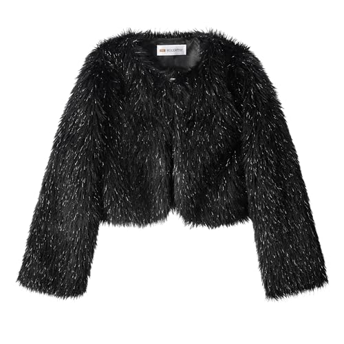 BOLEROSE Girls Cozy Faux Fur Childrens Kids Bolero Shrug Jacket Coat (Black Sparkle 5-6 Years)