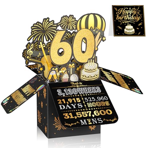 Geburtstagskarte zum 60. Geburtstag für Männer und Frauen 3D-Pop-Up-Geburtstagskarte Schwarz & Gold 60 Jahre alt Geburtstagsdekorationen und Geschenke für Sie oder Ihn ideal für Vater Mutter