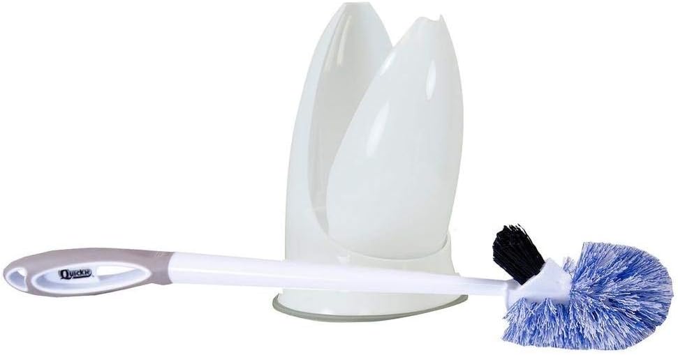 Quickie Toilet Bowl Brush and Storage Caddy with Microban for Bathroom, White, Heavy Duty Deep Cleaning, Convenient Storage, Long Handle, Fights Oder-Causing Material