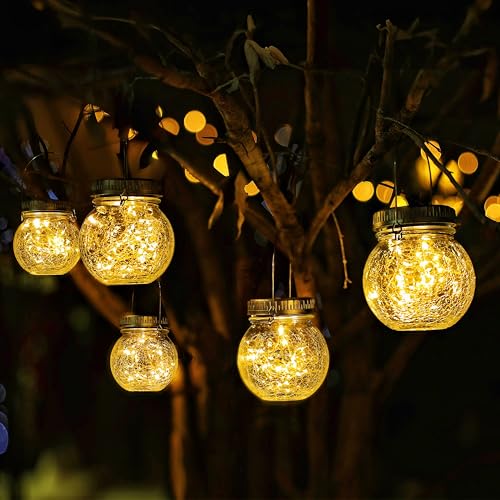 Cooo 2 Pack Crackle Glass Solar Lantern with 30 LED Firefly Lights&ndash; Waterproof Outdoor Hanging...