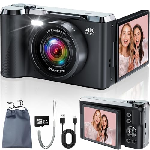 JDZ 4K Digital Camera for Photography and Video, 56MP Autofocus Vlogging Camera for YouTube, 3'' 180° Flip Screen, 16X Zoom, Flash, Compact Travel Camera with 32GB Card for Beginners