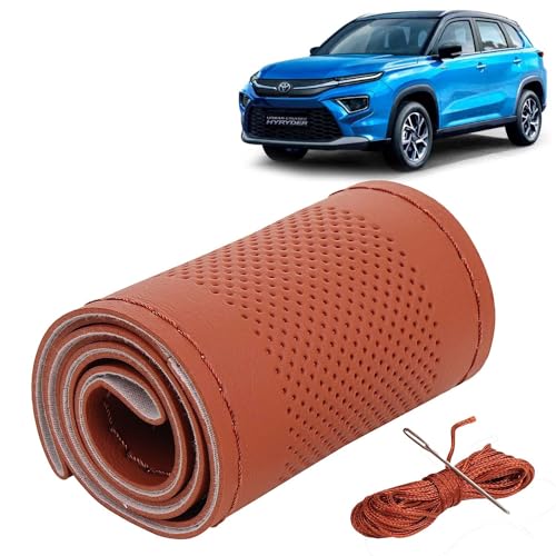Image of KINGSWAY PU Leatherite Car Steering Cover Sewable Compatible with Toyota Urban Cruiser Hyryder (Year 2022 Onwards), Tan Color with Tan Thread, Pack of 1 with Sewing Needle and Thread