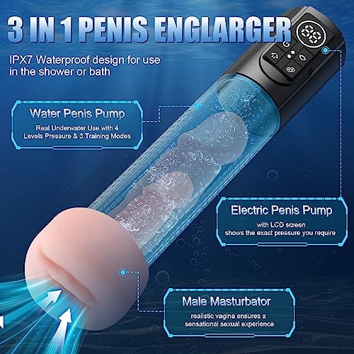 3 In 1 Water Penis Pump Male Sex Toys, 12 Smart Training Modes Hydro Penis Enlarger, Waterproof Cock Pump Electric Penis Vacuum Pump Male Masturbator, Erection Pump Device Sex Toys For Men #TOP1