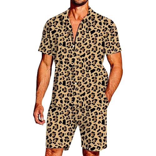 RUMAOZIA Herren 2-teilige Leopardenmuster Hipster Kurzarm Button Down Hemd und Shorts Set Atmungsaktive Quick Dry Jogginganzug Slim Fit Hawaii Hemd Männer Kurze Hosen Mit Tunnelzug Strand Sets