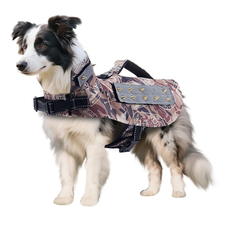 MeiAOBest Dog Anti Bite Vest Jacket,Reflective Adjustable Dog Thick Padding Anti-Attack Rivet Nail Suit with D-Ring for Puppy Small Medium Dogs_M(Coffee)