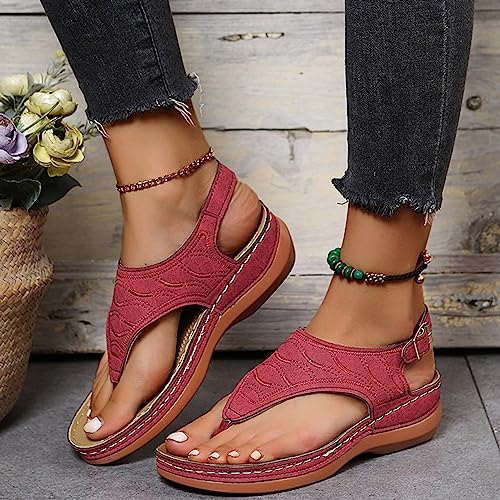 POOSR Sandalias de Atadura para Mujeres de Verano, Zapatos Casuales sólidos con Suelas Planas y Dedos Abiertos, Sandalias en Forma de cuña, Zapatos de Mujer Sexy,Rojo,39