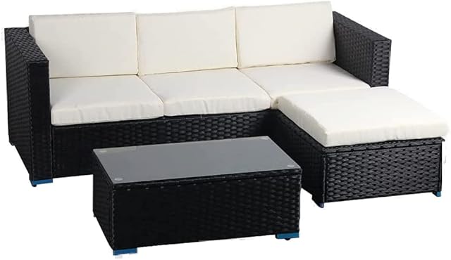 Xeo Home Rattan Garden Outdoor Sofa Furniture Set L Shape Modern Glass Coffee Table Cushions Conservatory Stylish Weaving Wicker Patio Chaise Lounge 3PC 4-Seater Indoor Balcony Backyard Pool Side