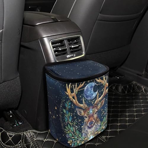 Image of Talayituse Deer Moon Print Car Trash Can Portable Auto Garbage Bin Multifunctional Vehicle Interior Accessories with Adjustable Straps Universal Fit Truck SUV Sedan