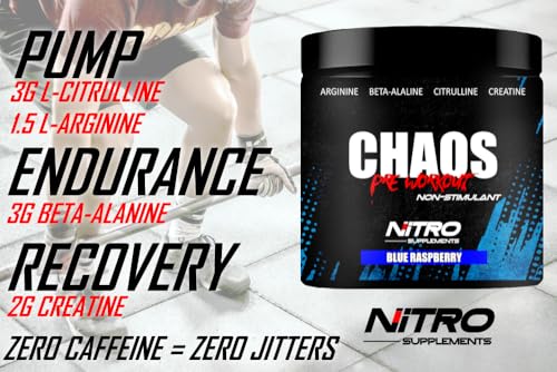 Image of Nitro Supplements - Chaos - Non Stim Pre-Workout (30 Sevings) Beta-Alanine, L-Citrulline, Arginine, Creatine, Taurine Stim-Free Non-Stimulant (30 Servings, Blue Raspberry)