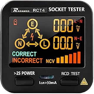 Reenwee Outlet Tester EBTN LCD with Voltage Display, RCD Receptacle Socket Tester Circuit Analyzer, Polarity Detector Leakage Tester Electricity Line Fault Checker, 8 Visual Indications