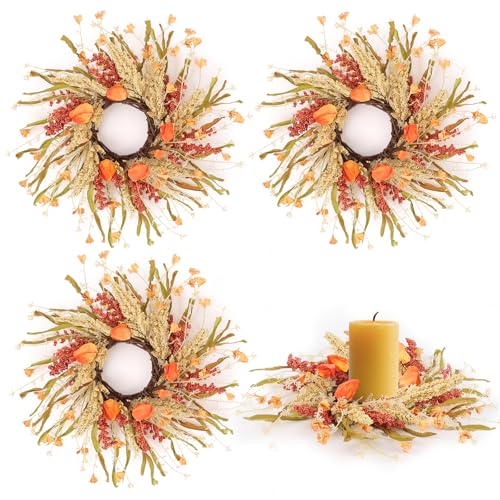 Image of 4 Pcs Fall Candle Rings 9 inch Thanksgiving Autumn Wreaths with Flowers for Tables Artificial Farmhouse Candle Rings Wreath for Front Door Porch Wall Window Decorations