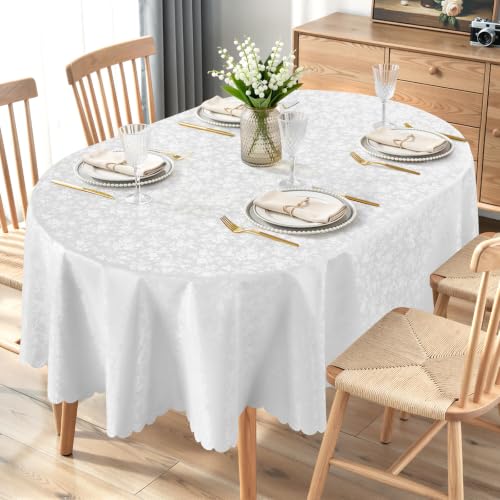 Image of Smiry Oval Waterproof Heavy Duty Vinyl Tablecloths, 60 x 84 Inch | Wipeable Washable Floral Embossed Table Cover for Kitchen and Dining Room, Indoor & Outdoor Use, White